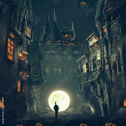 Halloween spooky graveyard flat vector background. Scary haunted house at night cartoon illustration. Horror moon, pumpkins and tombstones creepy backdrop.