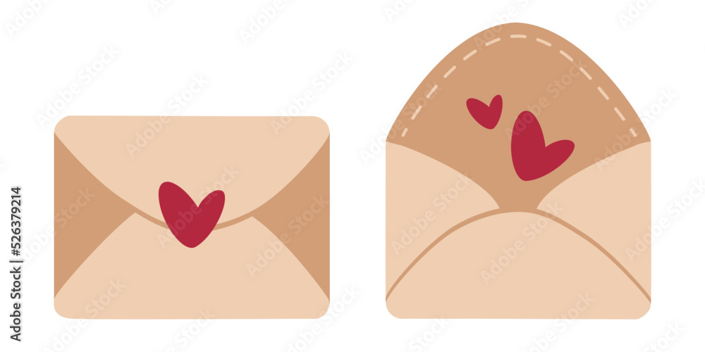 Universal envelope templates for letters of congratulations. Vector freehand drawing in a simple modern style. Envelope with a heart, vector isolate.