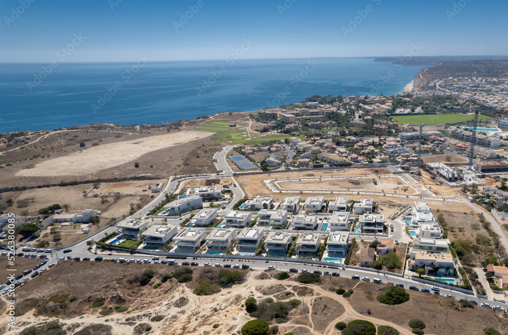 Drone Aerial Above Houses With Pools Praia Da Luz Lagos Portugal Algarve
