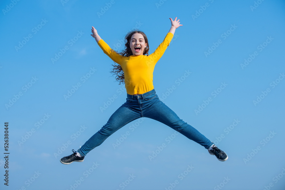 happy teen girl jump high on sky background. happiness happy teen girl jump high on sky background. happiness