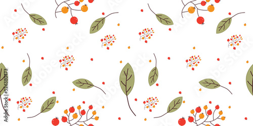 Autumn seamless template with autumn leaves, berries and in a fashionable style. Background of leaves, and rowanberries for fabric, wallpaper or gift wrap vector print