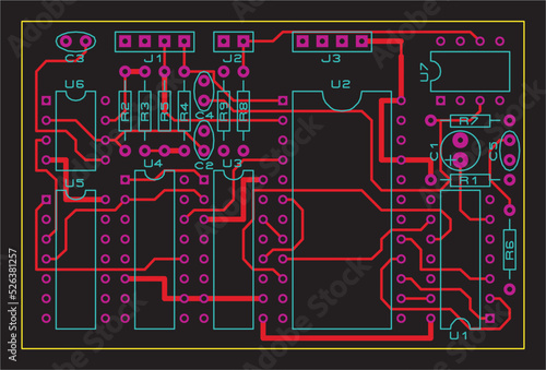 Tracing the conductors of a multilayer printed circuit board.
Vector drawing a1 of printed tracks, transition holes,
contact pads and copper metallization areas.
Silkscreen printing, assembly drawing.