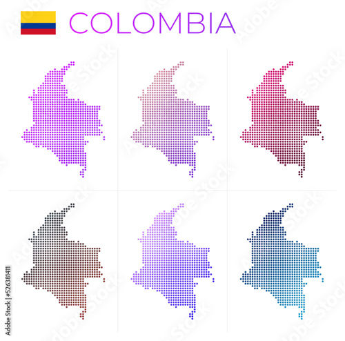 Colombia dotted map set. Map of Colombia in dotted style. Borders of the country filled with beautiful smooth gradient circles. Attractive vector illustration.