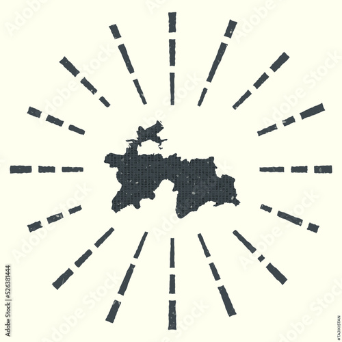Tajikistan Logo. Grunge sunburst poster with map of the country. Shape of Tajikistan filled with hex digits with sunburst rays around. Beautiful vector illustration.