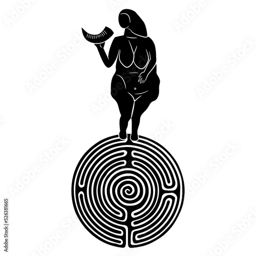 Paleolithic fertility goddess standing on a round spiral maze or labyrinth symbol. Venus of Laussel. Creative concept. Black and white silhouette.