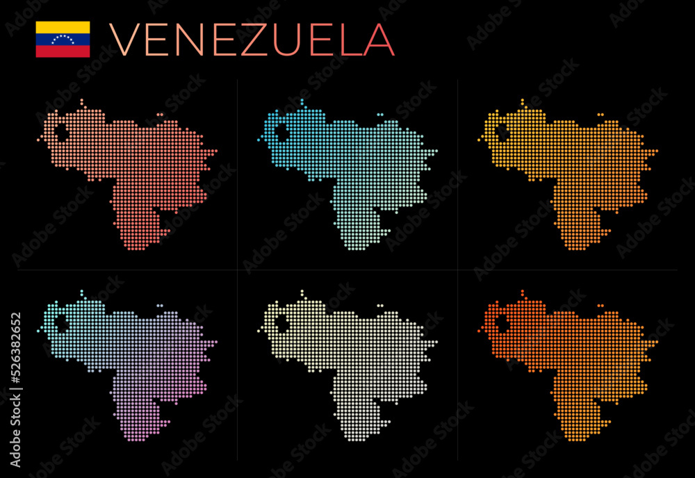 Venezuela dotted map set. Map of Venezuela in dotted style. Borders of the country filled with beautiful smooth gradient circles. Appealing vector illustration. Venezuela dotted map set. Map of Venezuela in dotted style. Borders of the country filled with beautiful smooth gradient circles. Appealing vector illustration.