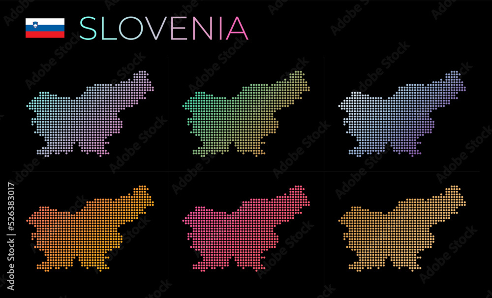 Slovenia dotted map set. Map of Slovenia in dotted style. Borders of the country filled with beautiful smooth gradient circles. Authentic vector illustration.