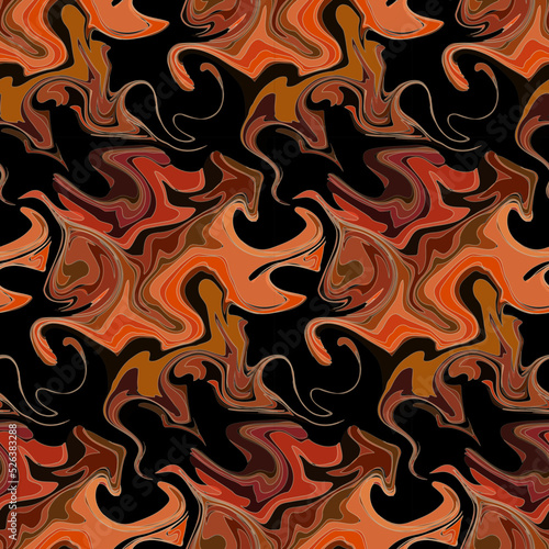 Abstract liquid fluid seamless pattern. Orange, brown, red curved wavy shares and swirls on black background