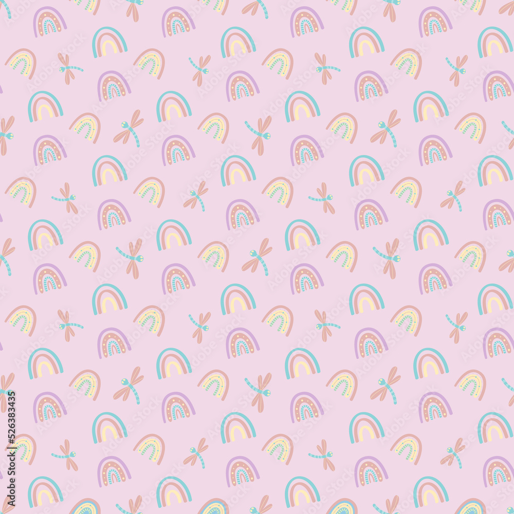 Cute rainbow and dragonfly seamless pattern. Scandinavian pattern in muted pastel colors