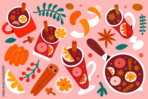 Mulled wine illustrations, punch in glasses and mugs, pot with red wine with citrus, spices and berries. Hot glintwine drink with cinnamon, anise star and orange fruit, hand drawn vector collection