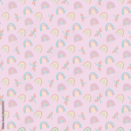 Cute rainbow and dragonfly seamless pattern. Scandinavian pattern in muted pastel colors