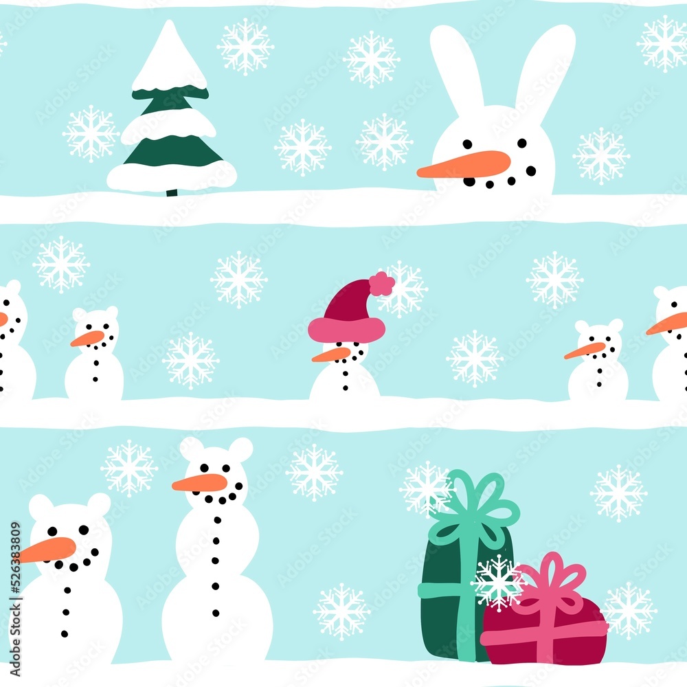 Winter seamless snowman and snowflakes pattern for Christmas wrapping paper and kids notebooks Winter seamless snowman and snowflakes pattern for Christmas wrapping paper and kids notebooks