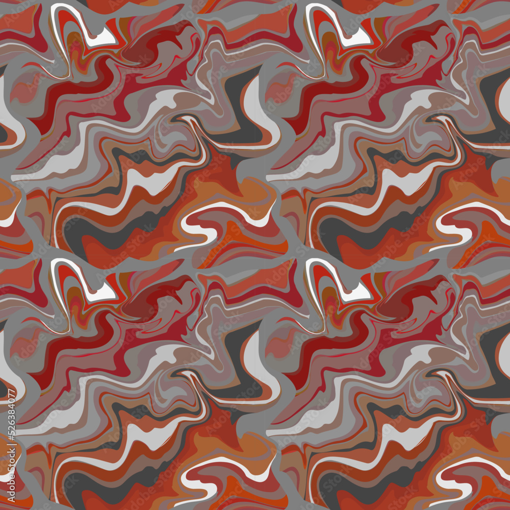Abstract liquid seamless pattern. Orange, gray, red and white fluid shapes, curves, swirls. Marbled stone texture
