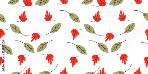 Autumn seamless template with autumn leaves, berries and in a fashionable style. Background of leaves, and rowanberries for fabric, wallpaper or gift wrap vector print