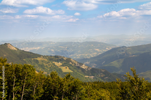 Beautiful panoramic view in summer on Monte Cimone near Lake Ninfa. Landscape of the Tuscan-Emilian Apennines of Sestola, province of Modena, Italy
