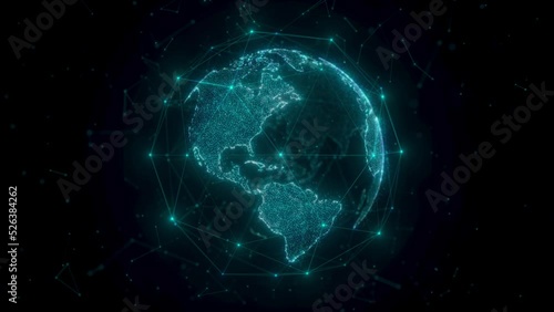 Global network connection. Internet connection. Communication technology. Social network. Spinning blue planet. 3d rendering.