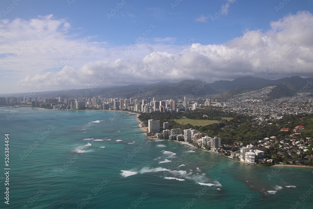 Aerial view of Honolulu, Hawaii with Waikiki Beach and Diamond Head in the background