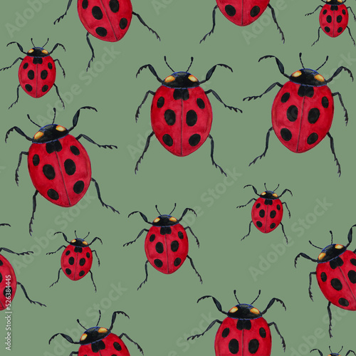 Seamless summer pattern, painted watercolor ladybugs on green background.