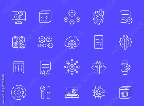 development, operation and hardware line icons, vector