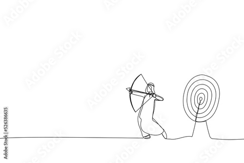 Illustration of blindfold arab businessman look for target in wrong direction. One continuous line art style