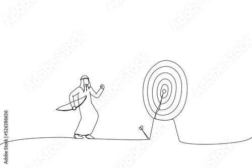 Drawing of arab businessman finally hit target after too many unsuccessful tries. Metaphor for effectiveness and efficiency to measure success rate. Single line art style
