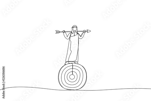 Illustration of smart arab businessman balance and control rotating archery target with arrow hitting bullseye. Metaphor for result based oriented driven. One continuous line art style