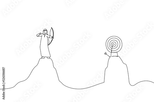 Drawing of overconfidence arab businessman archery terribly missed target. Metaphor for terrible missed target, failure or mistake. Single line art style
