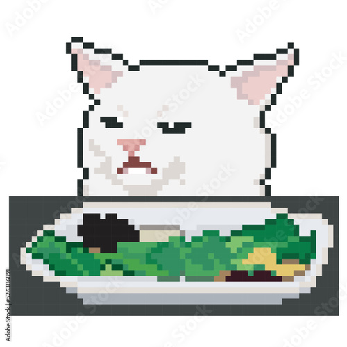 funny cat on the table, pixel art illustration