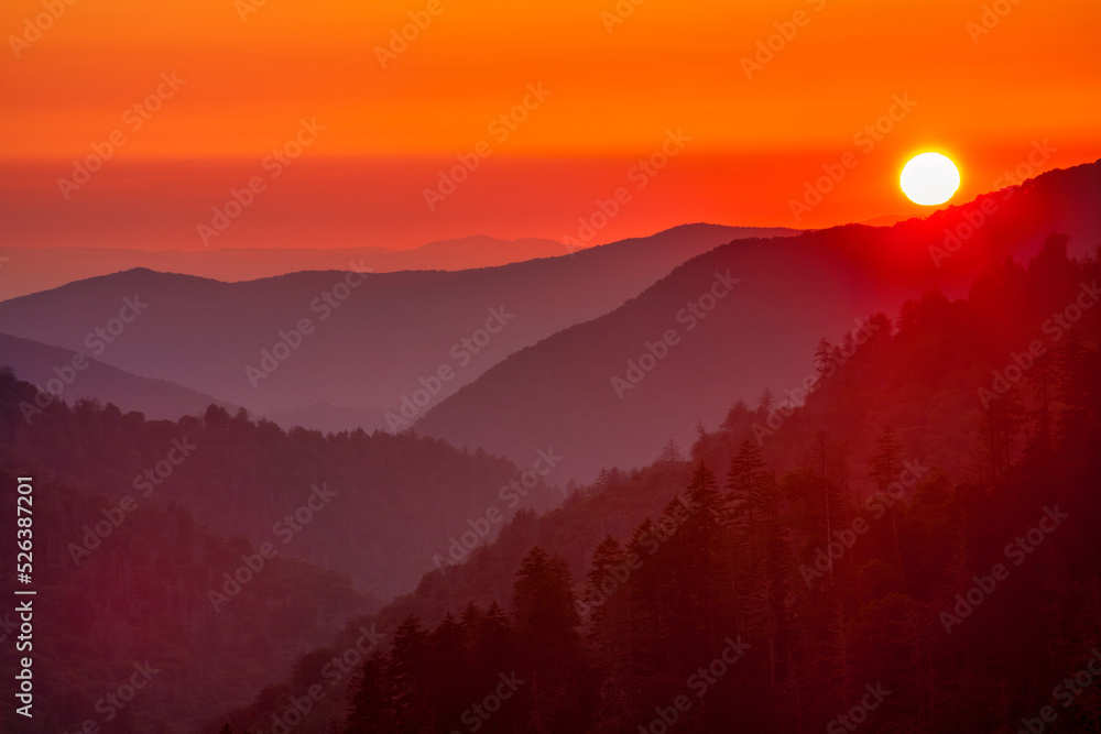 Sun sets over the Morton Overlook in the Great Smoky Mountains National Park