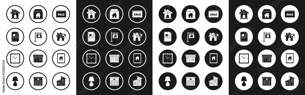 Set Hanging sign with text Online Sale, House contract, shield, Cardboard box house, Tablet and smart home and Clock icon. Vector Set Hanging sign with text Online Sale, House contract, shield, Cardboard box house, Tablet and smart home and Clock icon. Vector