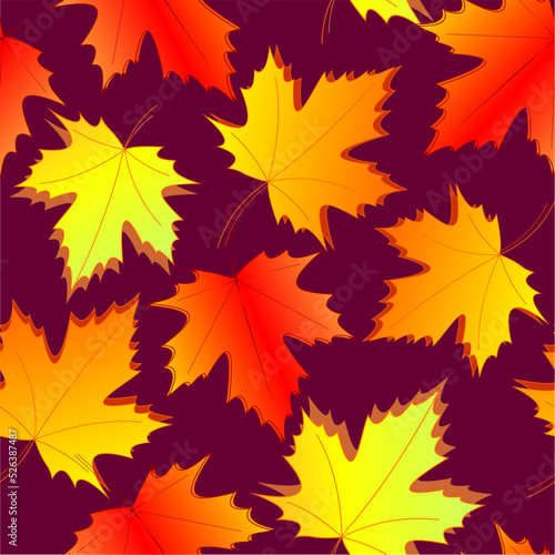 seamless asymmetric pattern of autumn maple leaves on a dark magenta background, texture, design