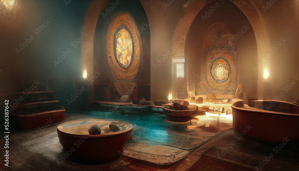 Ancient interior Turkish bath, frescoes on the walls, baths, oriental lanterns. Fantasy Turkish palace interior. 3D illustration. - obrazy, fototapety, plakaty 