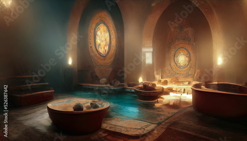 Ancient interior Turkish bath, frescoes on the walls, baths, oriental lanterns. Fantasy Turkish palace interior. 3D illustration. photo