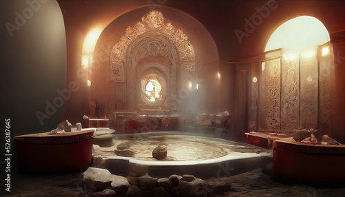 Ancient interior Turkish bath, frescoes on the walls, baths, oriental lanterns. Fantasy Turkish palace interior. 3D illustration. photo