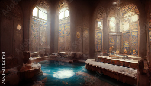 Ancient interior Turkish bath, frescoes on the walls, baths, oriental lanterns. Fantasy Turkish palace interior. 3D illustration. photo