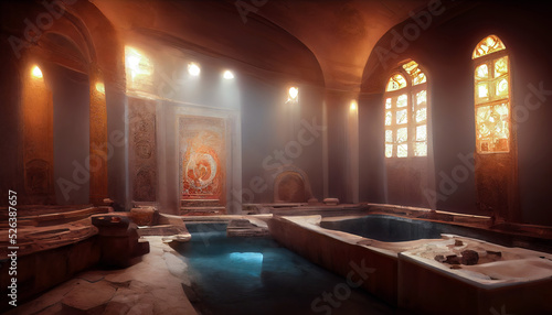 Fotografie, Obraz Ancient interior Turkish bath, frescoes on the walls, baths, oriental lanterns