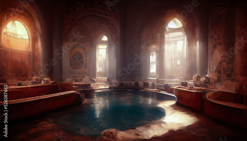 Obraz na plátně Ancient interior Turkish bath, frescoes on the walls, baths, oriental lanterns