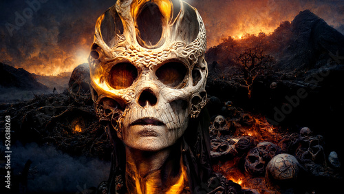 Leinwand Poster King of Darkness. Fantasy landscape with skull.