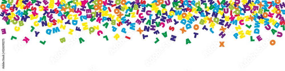 Fototapeta premium Falling letters of English language. Colorful flying words of Latin alphabet. Foreign languages study concept. Pleasant back to school banner on white background.
