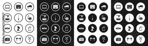 Set Electric car, Screwdriver, Factory conveyor system belt, Laptop, Social network, Pills in blister pack, Test tube flask fire and Smartwatch icon. Vector