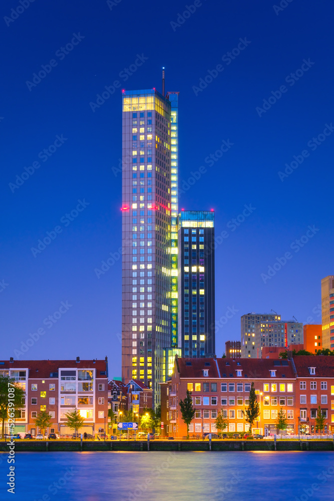 Rotterdam, Netherlands. View of the city center. Old and modern houses. Panoramic view. Cityscape in the evening. Skyscrapers and buildings. Rotterdam, Netherlands. View of the city center. Old and modern houses. Panoramic view. Cityscape in the evening. Skyscrapers and buildings.