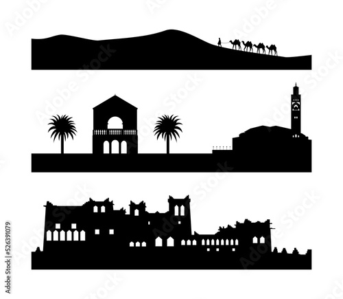 Silhouettes of Moroccan sightes. The Hassan II Mosque in Casablanca, The Menara Gardens in Marrakech, Kasbah Amahidil in Skoura, a man with camels in Erg Chebbi desert, Morocco. Vector illustration.