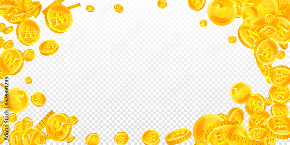 Korean won coins falling. Scattered gold WON Korean won coins falling. Scattered gold WON