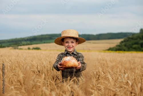 Wallpaper Mural Little boy in the straw hat and shirt he held out his handing with bread in ripe grain. concept poverty, crisis, famine Torontodigital.ca