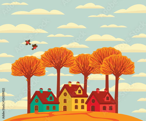 Autumn landscape with cute colored houses on an orange hill, yellowed trees and clouds in the blue sky. Decorative fall vector illustration in flat style