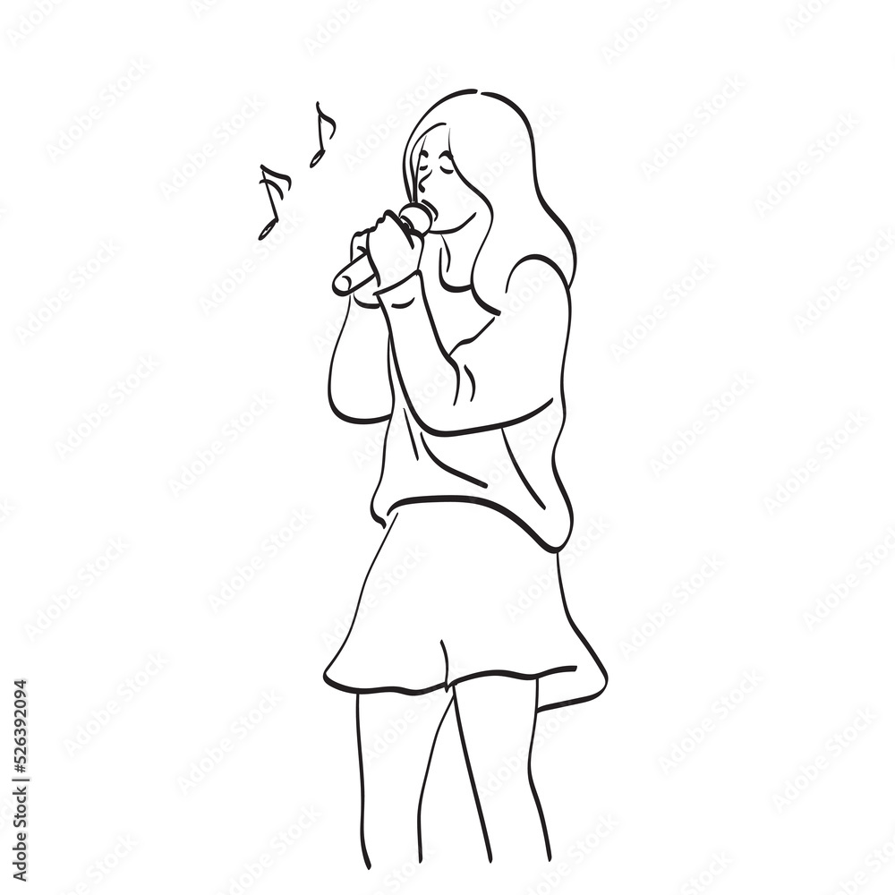 woman singing a song with microphone illustration vector hand drawn isolated on white background line art. woman singing a song with microphone illustration vector hand drawn isolated on white background line art.