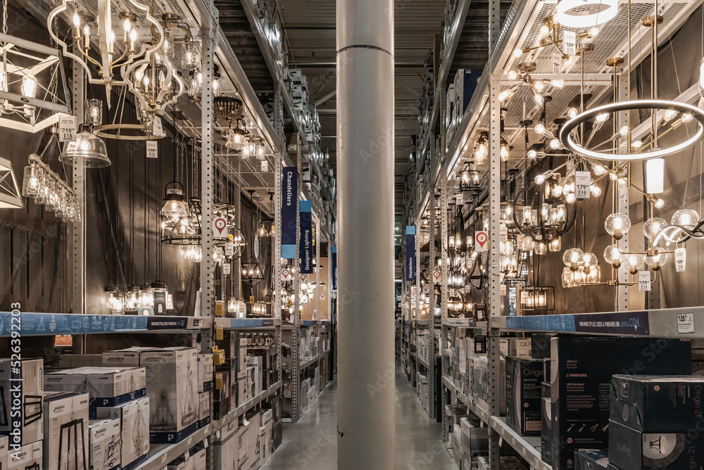 Interior of a factory of lamps with all of them turn them on.