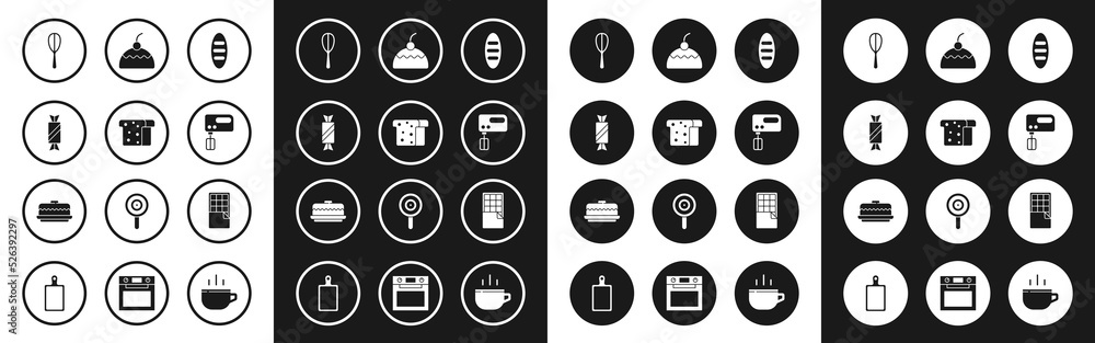Set Bread loaf, toast, Candy, Kitchen whisk, Electric mixer, Cake, Chocolate bar and icon. Vector