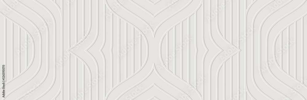 Banner, cover design. Embossed ethnic elegant 3d pattern of stripes and lines on a white background, art deco style, paper press. Tribal geometric ideas for websites, presentations. - obrazy, fototapety, plakaty 