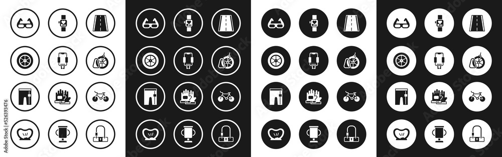 Set Bicycle lane, Mobile holder, wheel, Sport cycling sunglasses, parking, Smart watch, and Cycling shorts icon. Vector